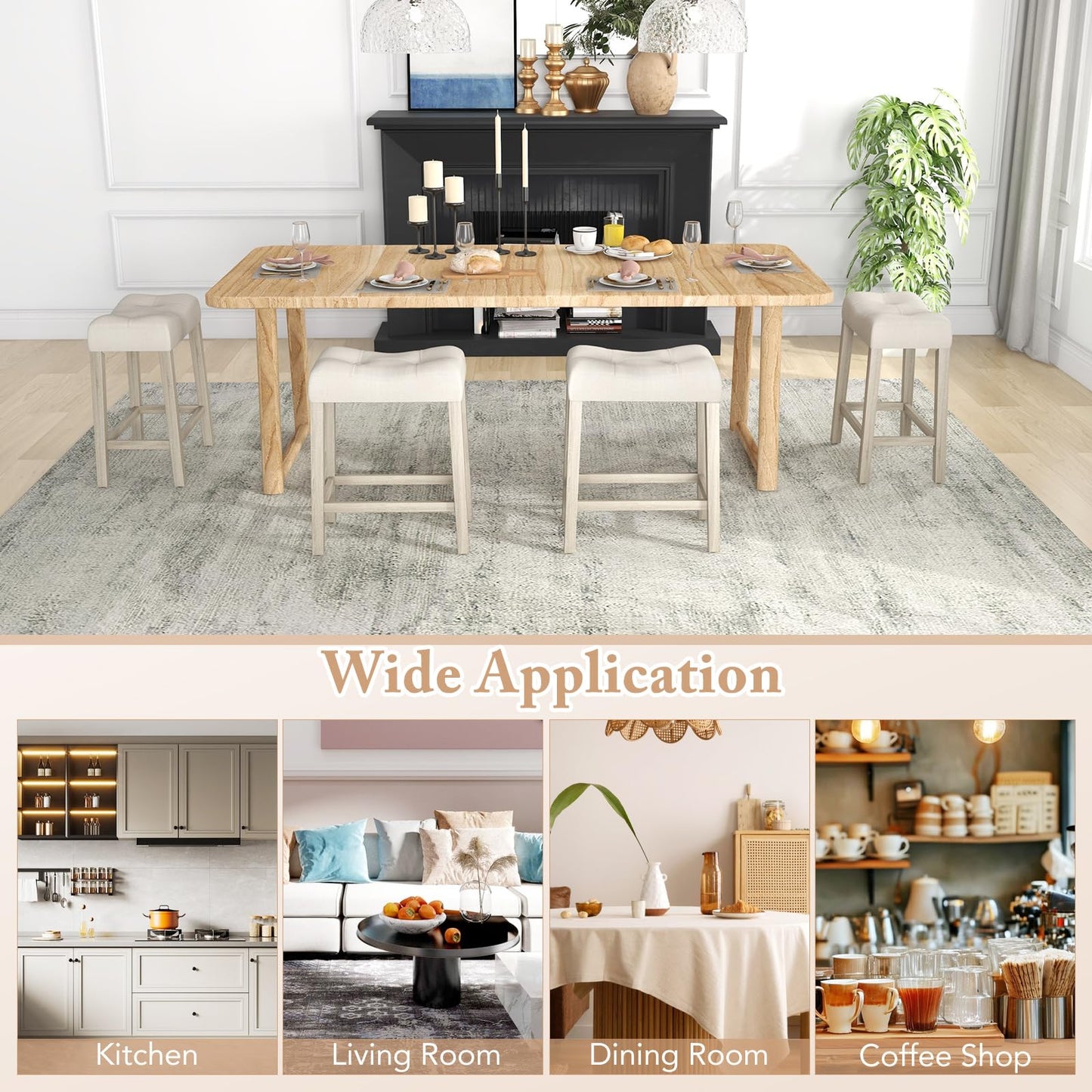 Wooden Saddle Stools Set of 4 with Solid Rubber Wood Legs