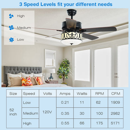 52” Ceiling Fan w/Lights & Remote Control, Lighting Fan w/5 Reversible Blades, 3 Wind Speed