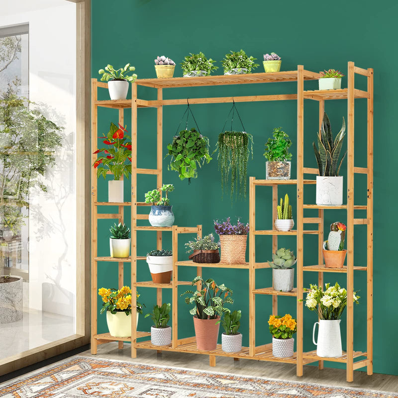 Bamboo Plant Stand with Hanging Rack & Anti-Dumping Device 2-In-1 High-Low Plant Holder Shelf