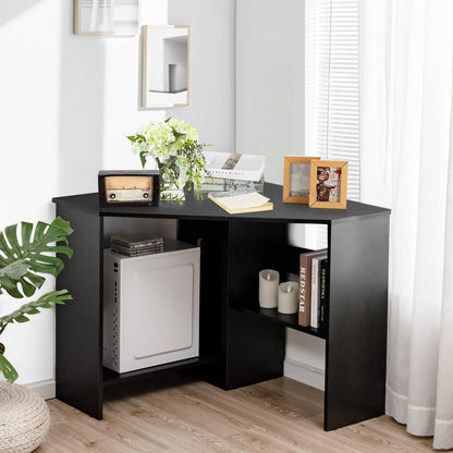 Corner Computer Desk Space-Saving Triangular Writing Desk w/ 2 Storage Shelves & 2 Cable Holes