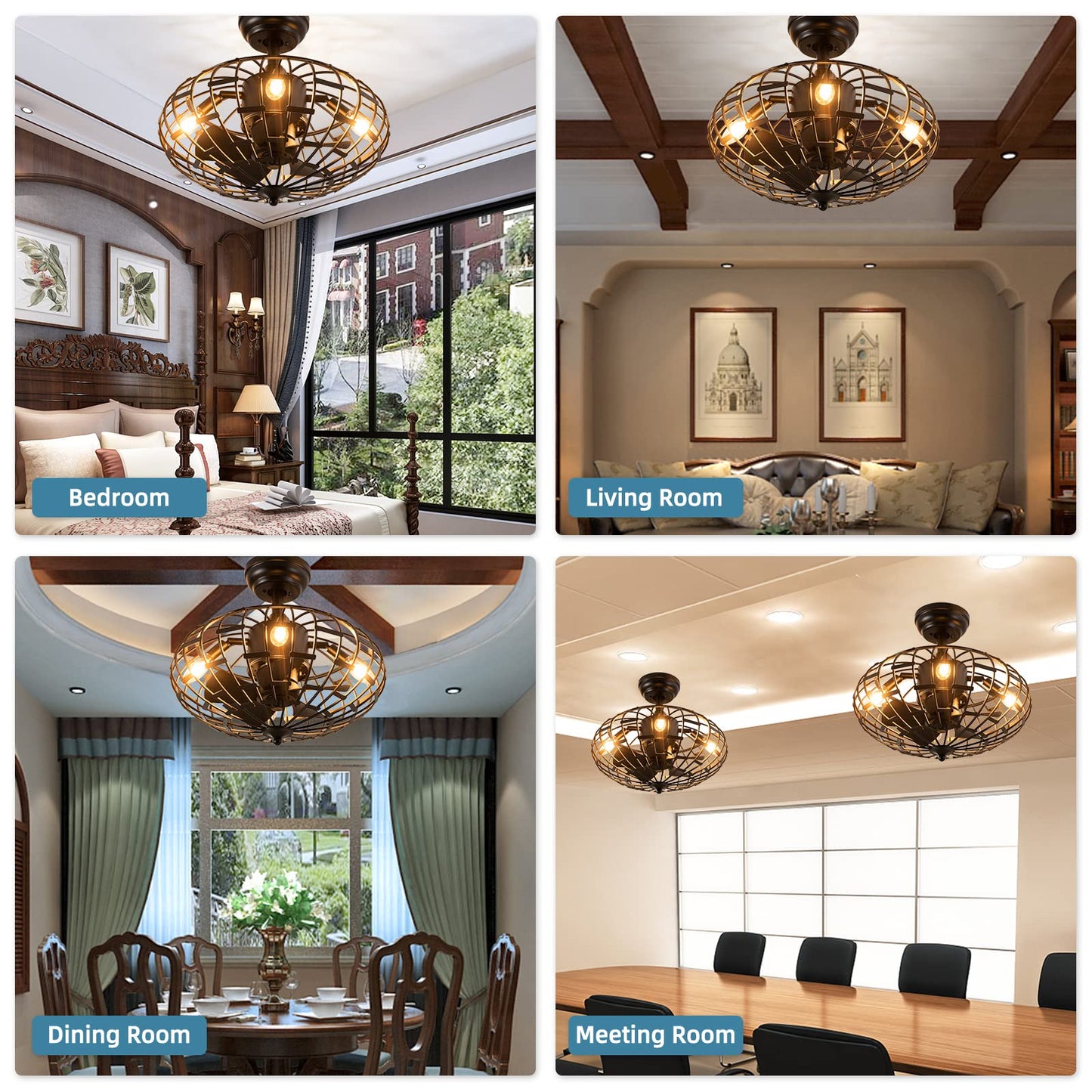 Caged Ceiling Fan with Light, Enclosed Ceiling Fan with 5 Blades, 3 Wind Speed (Black)