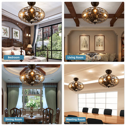 Caged Ceiling Fan with Light, Enclosed Ceiling Fan with 5 Blades, 3 Wind Speed (Black)