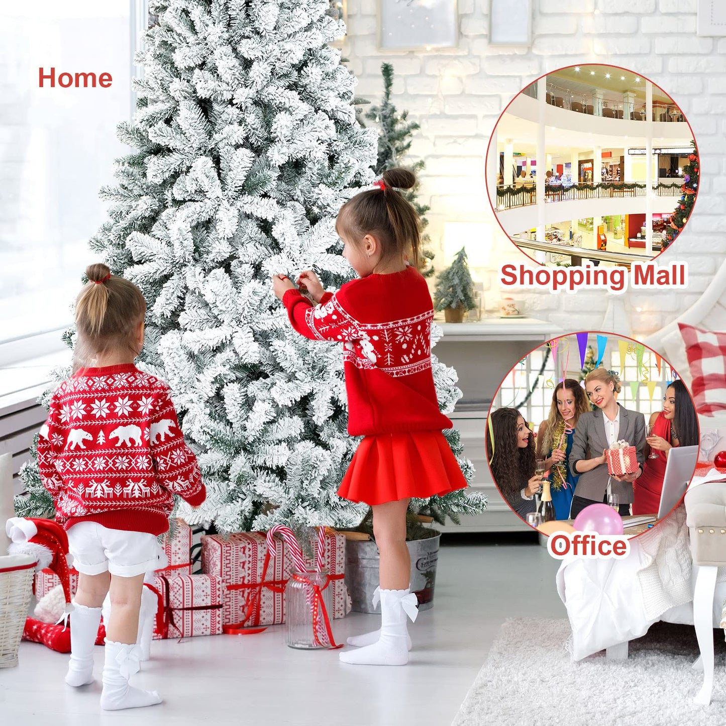 7.5 FT Snow Flocked Christmas Tree Artificial Holiday Hinged Pine Tree with 1010 Branch Tips