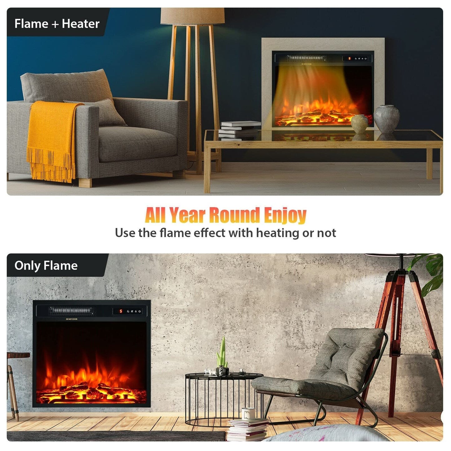 ARLIME 18"/ 25"/ 28" Electric Fireplace Inserts, 1500W Freestanding & Recessed Fireplace