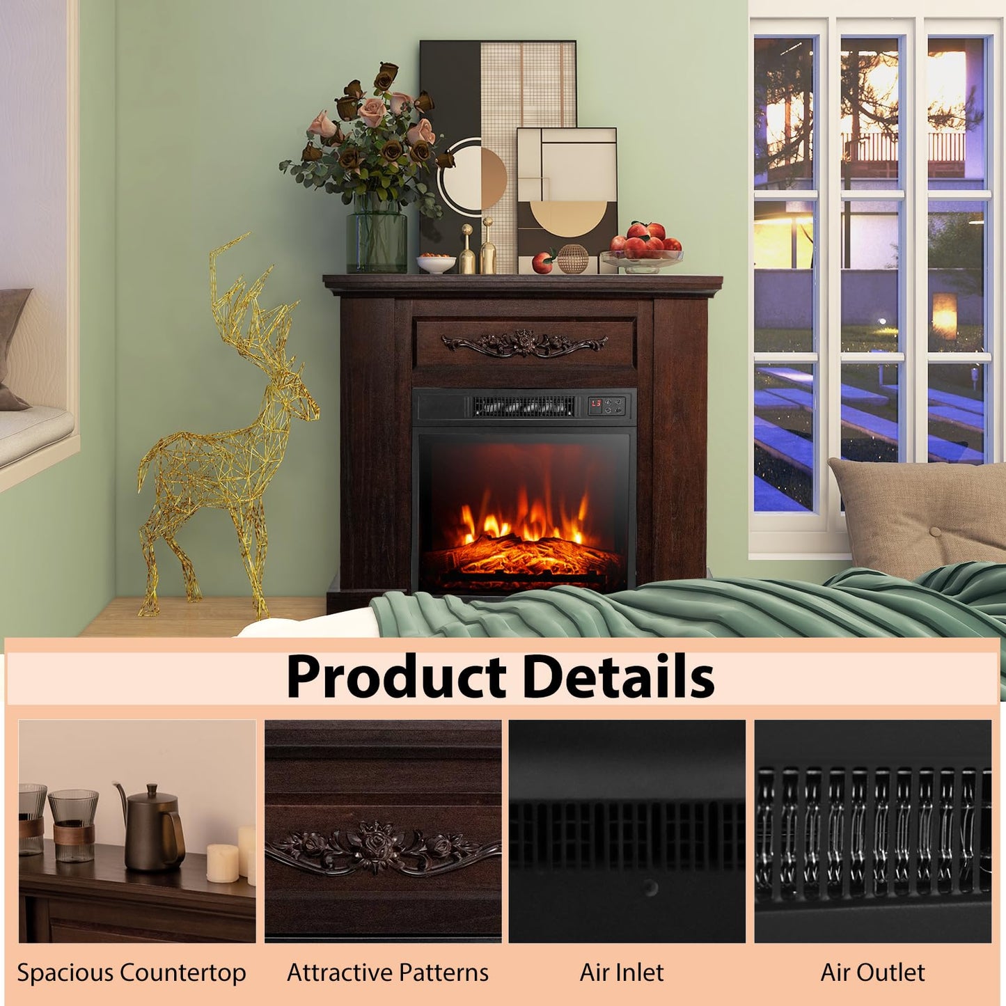 32-inch Electric Fireplace with Mantel, 1400W Freestanding Fireplace Heater with Remote Control