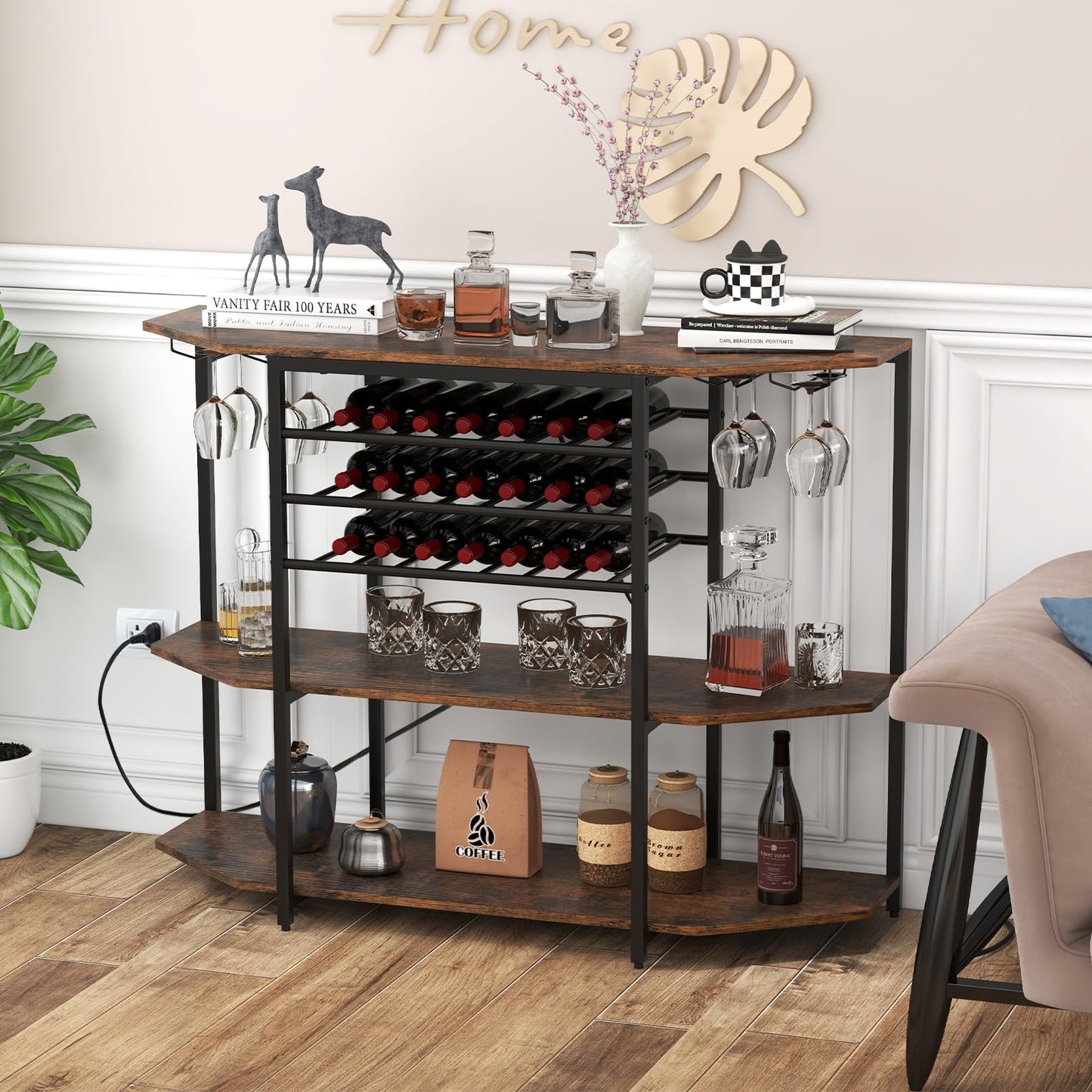 Wine Bar Cabinet 3-Tier Liquor Cabinet with Power Outlets