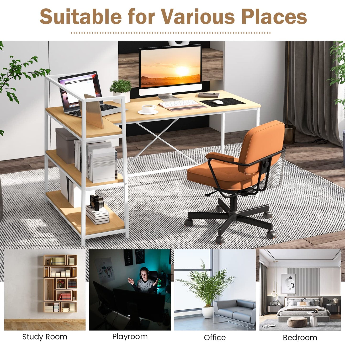 59 Inch L-Shaped Computer Desk with Open Storage Shelves