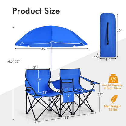Portable Folding Picnic Double Chair W/Umbrella Table Cooler Beach Camping Chair