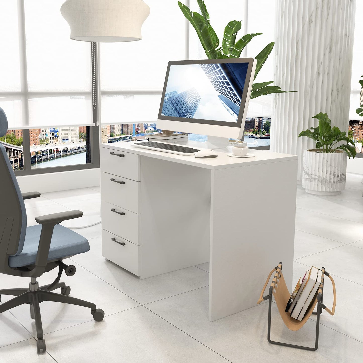 White Computer Desk with 4 Large Drawers Home Office PC Desk Workstation for Writing