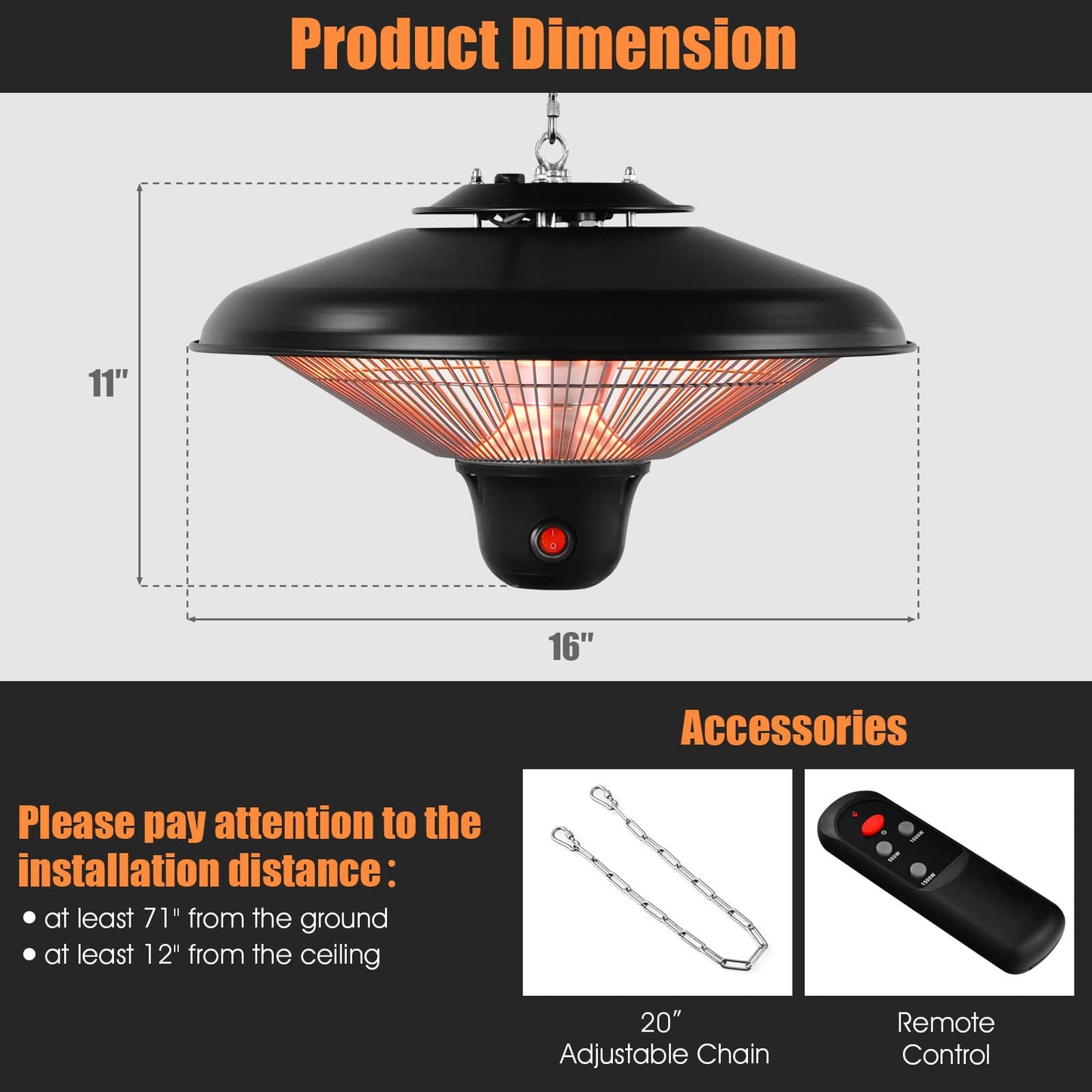 Hanging Patio Heater 1500W Electric Ceiling Infrared Heater with Remote Control