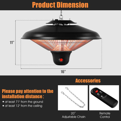 Hanging Patio Heater 1500W Electric Ceiling Infrared Heater with Remote Control