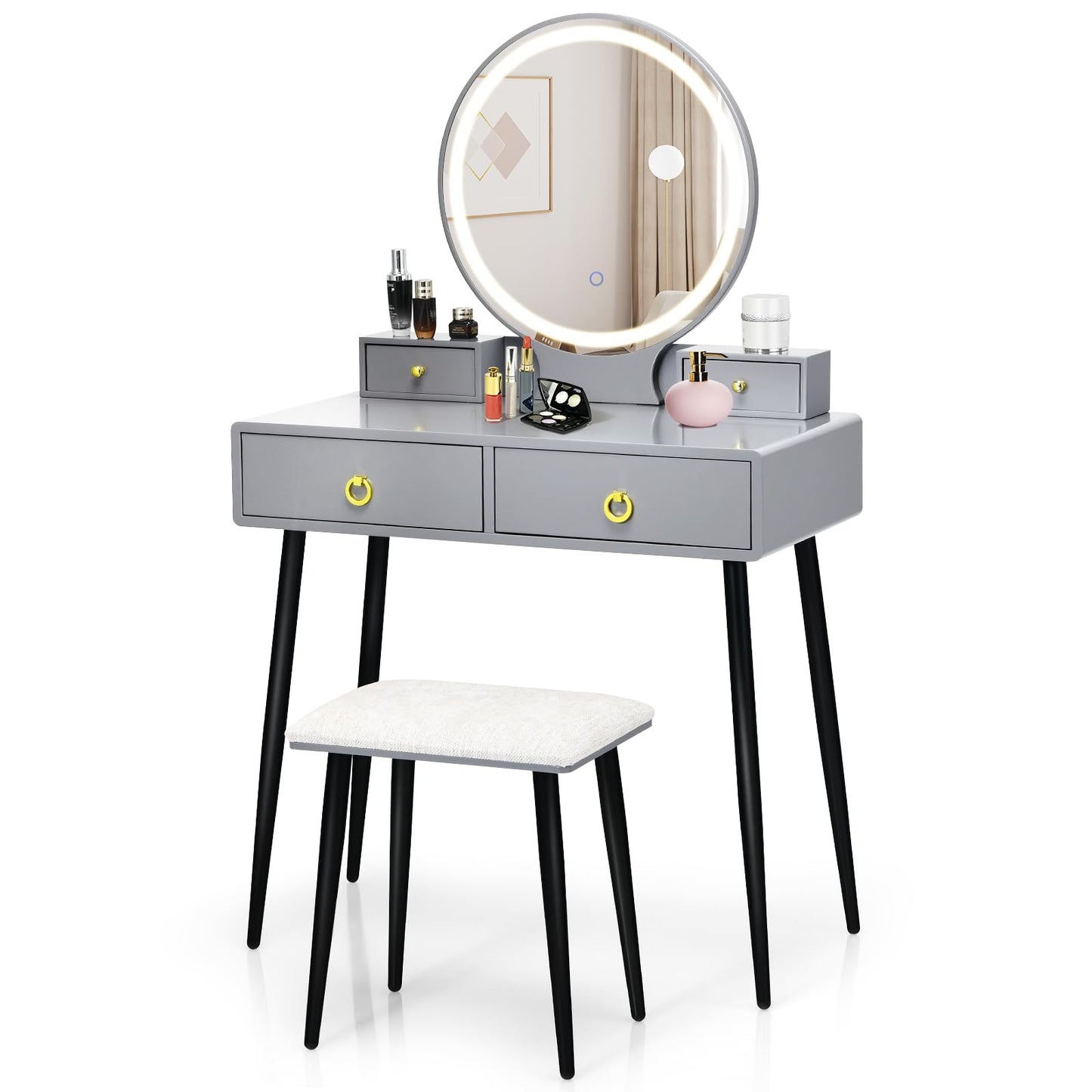 Vanity Table Set with Mirror and Lights w/ 3 Color Lighting Modes & Adjustable Brightness