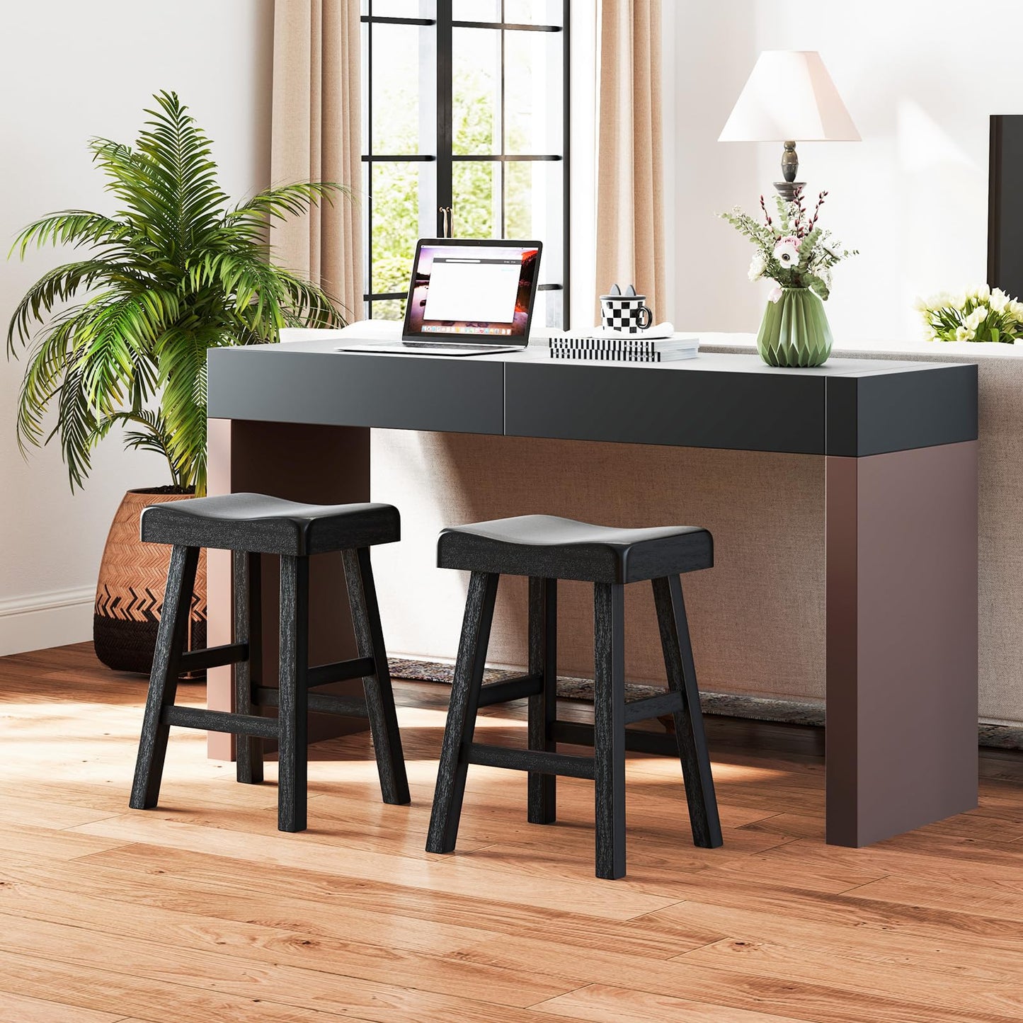 Solid Wood Saddle Stools Set w/Curved Seats Footrests