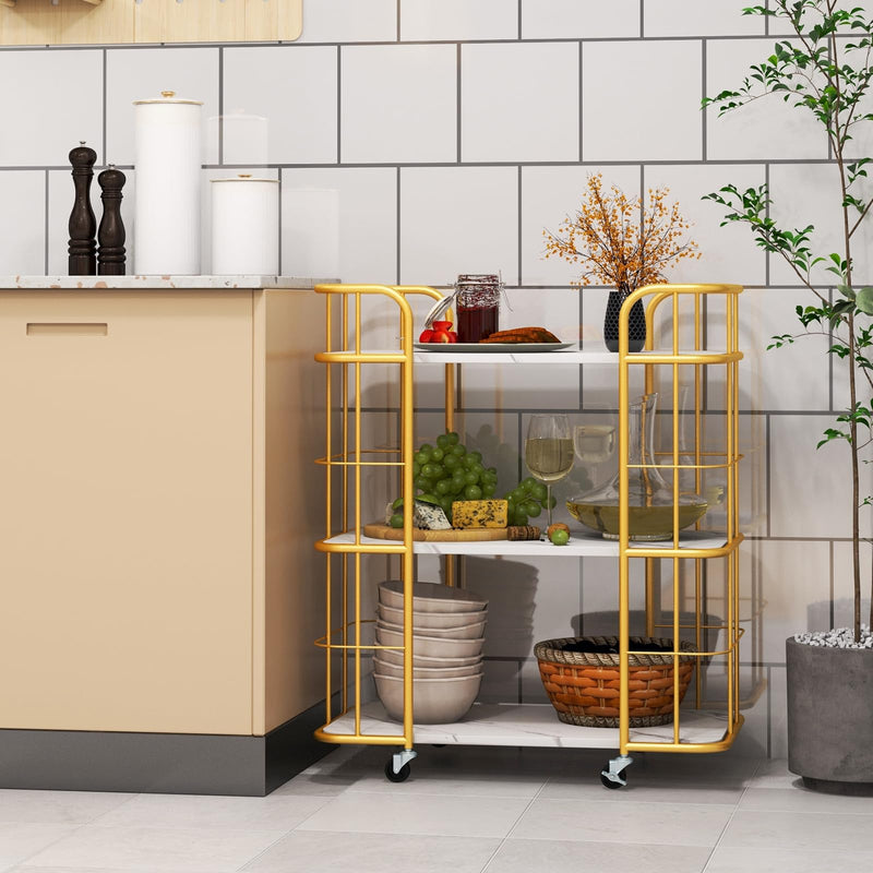 Gold Rolling Bar Cart 3-Tier Kitchen Utility Cart