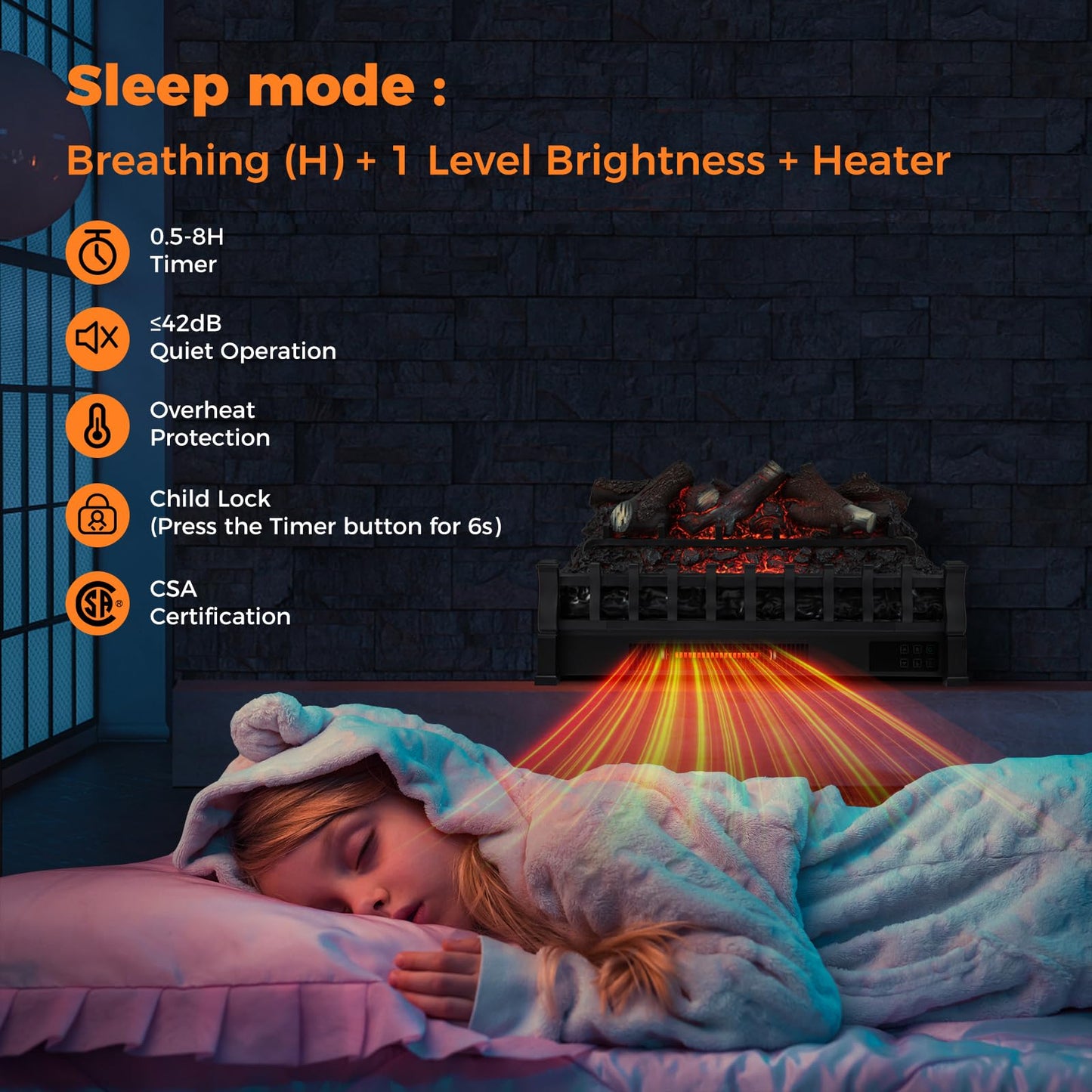 Eternal Flame Electric Fireplace Log, Lemonwood Ember Bed, 26-inch Infrared Electric Fireplace Heater Insert