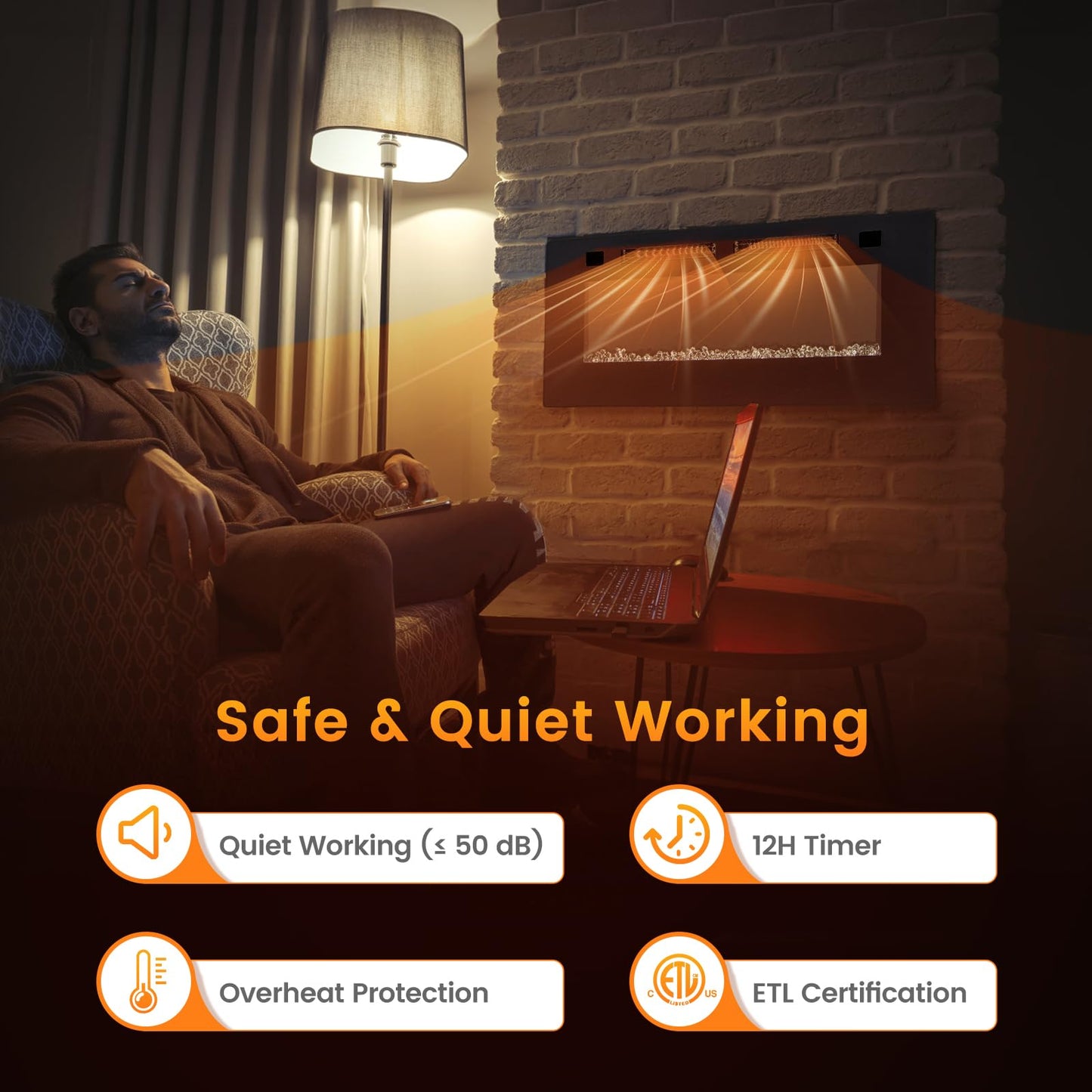 Ultra Thin Electric Fireplace 42 inch Wide with 12 Flame and Flame Bed Color