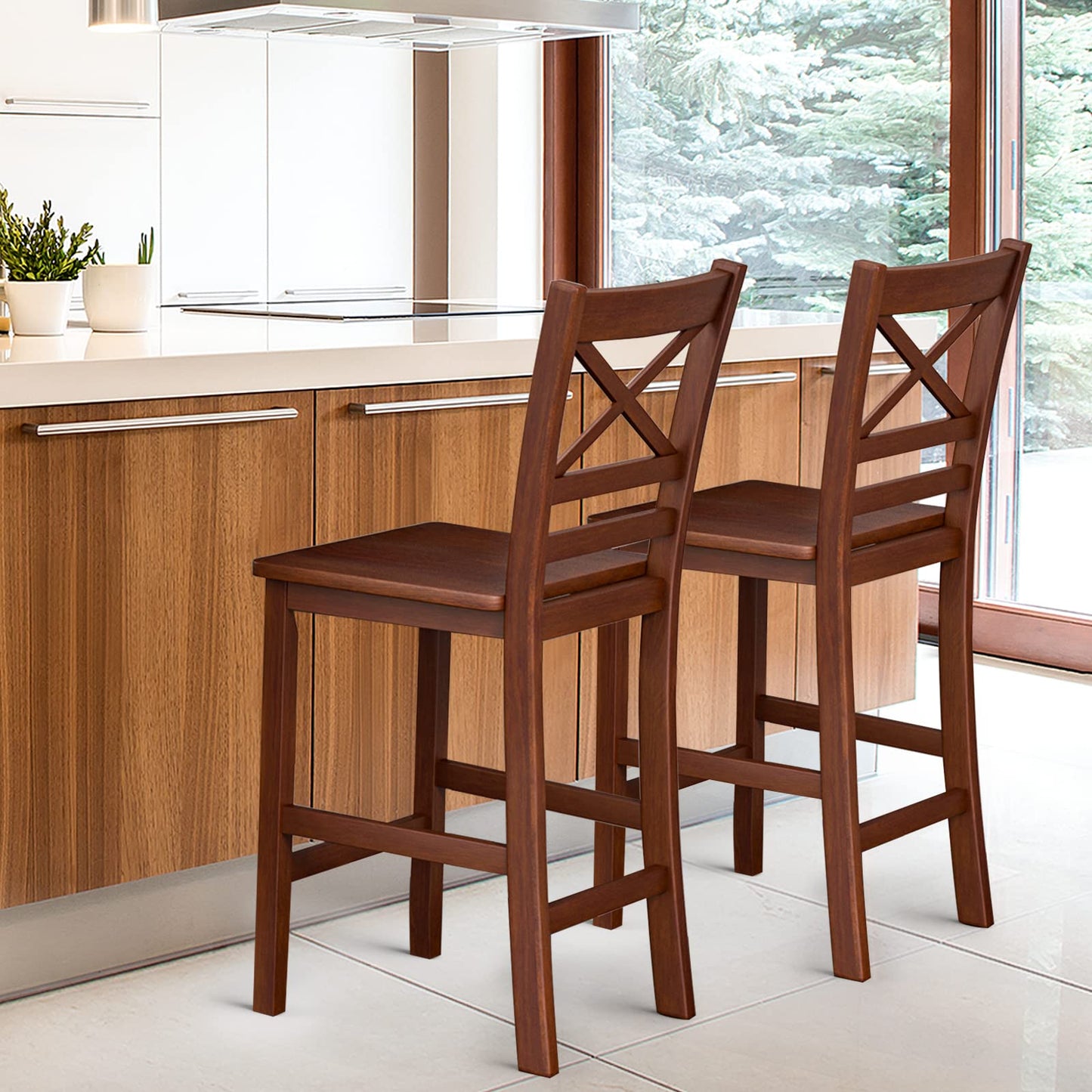 Antique Kitchen Counter Height Chairs with Wooden X-Shaped Backrest & Rubber Wood Legs
