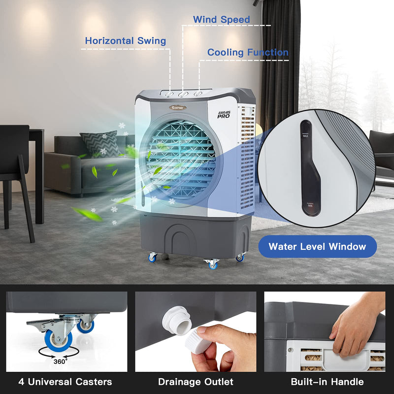 Evaporative Air Cooler, 4-in-1 9740 CFM Swamp Cooler with 100°Oscillation, 210W Cooling Fan