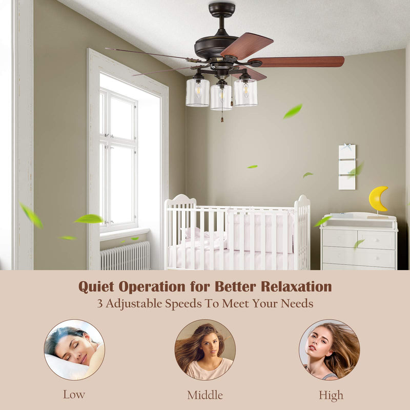 Ceiling Fan with Lights 52 Inch, Industrial Pull Chain Ceiling Fan with Lighting, Reversible Motor and 5 Blades