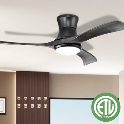 52 Inches Ceiling Fan with LED Light and Remote Control, Flush Mount Ceiling Fan with 6 Wind Speeds (Black)
