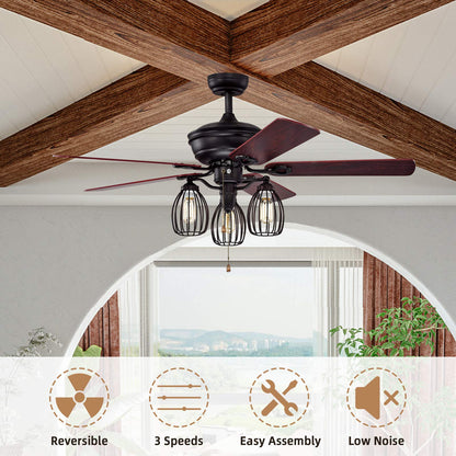 52-Inch Ceiling Fan with Lights, Industrial Ceiling Fan w/ 5 Iron Blades & 3 Cage Lights