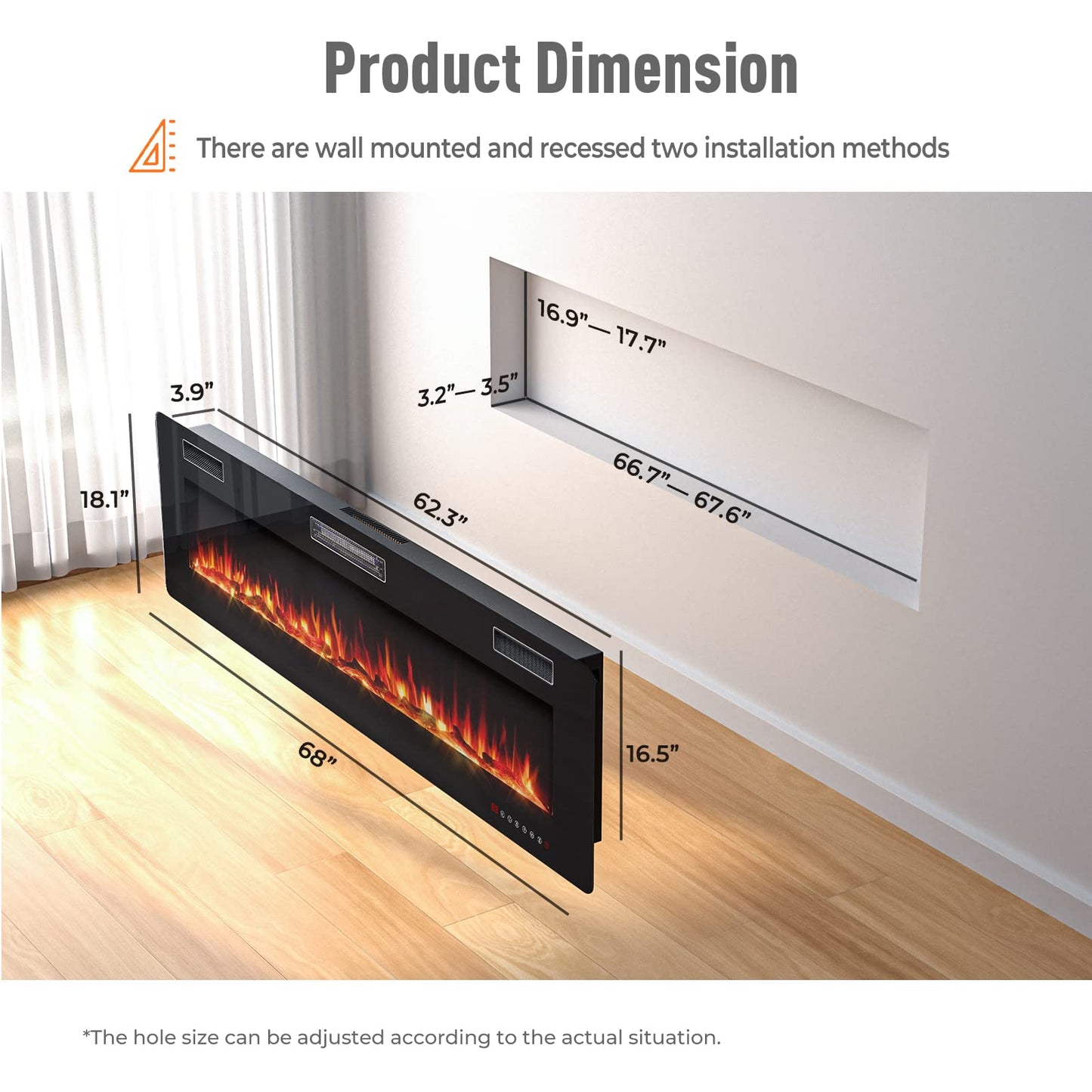 68 Inches Recessed Electric Fireplace, in-Wall & Wall Mounted Electric Heater with Adjustable Flame Color & Speed