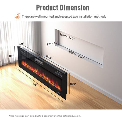 68 Inches Recessed Electric Fireplace, in-Wall & Wall Mounted Electric Heater with Adjustable Flame Color & Speed