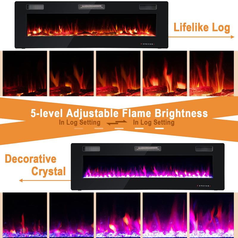 ARLIME 60 Inches Ultra-Thin Electric Fireplace 750W/1500W Recessed & Wall Mounted