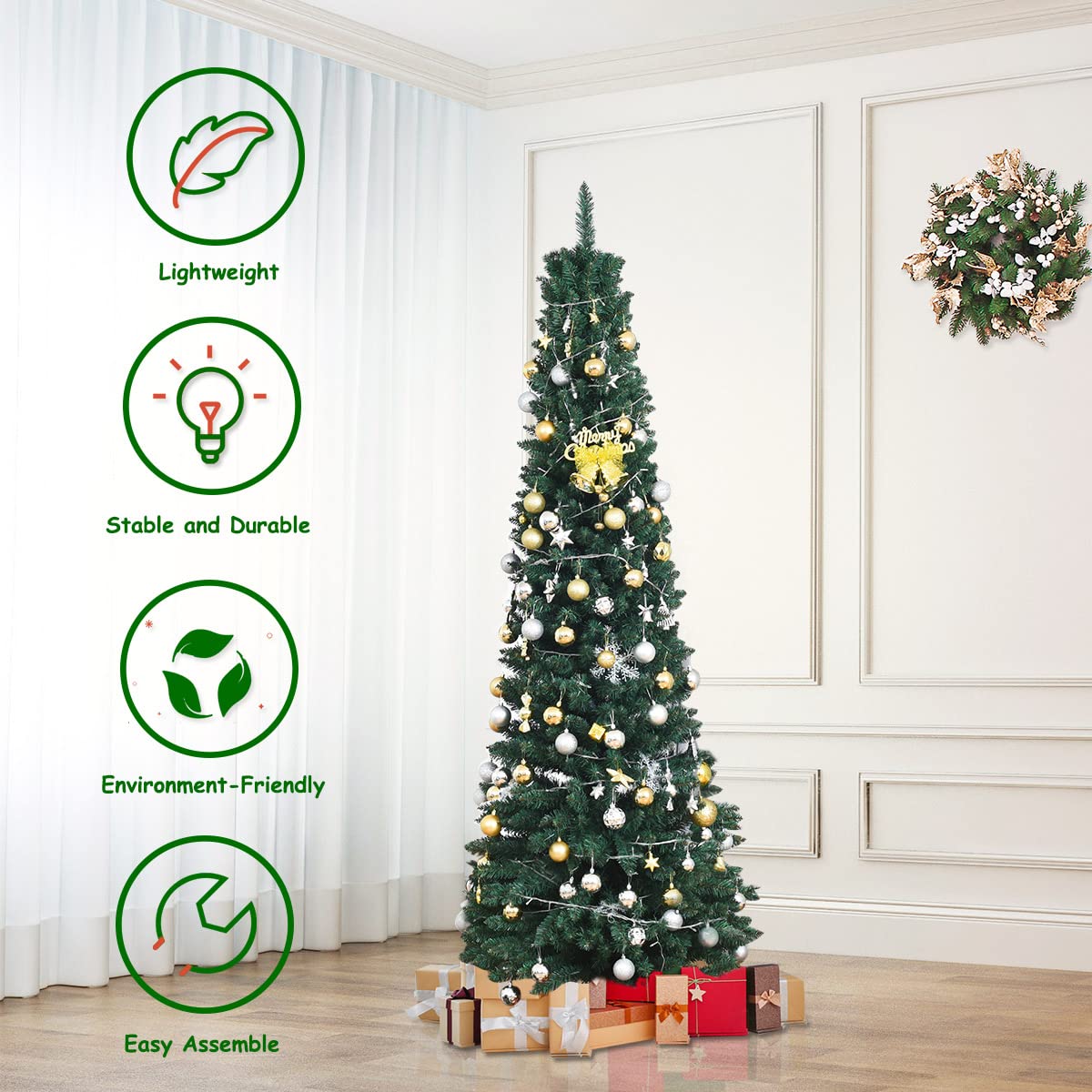 8FT Pencil Christmas Tree Slim Skinny Hinged Pine Tree with PVC Material