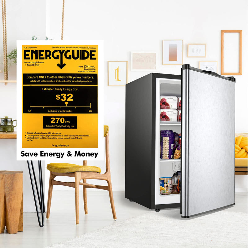 Compact Single Door Upright Freezer - Mini Size with Stainless Steel Door - 3.0 CU FT Capacity - Adjustable