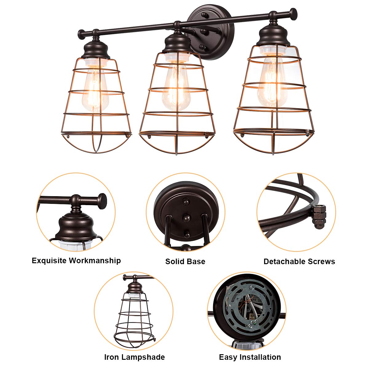 3-Light Vintage Vanity Lights, Industrial Metal Wire Cage Wall Sconces, Metal Wall Mount Lamp (Black & Golden)