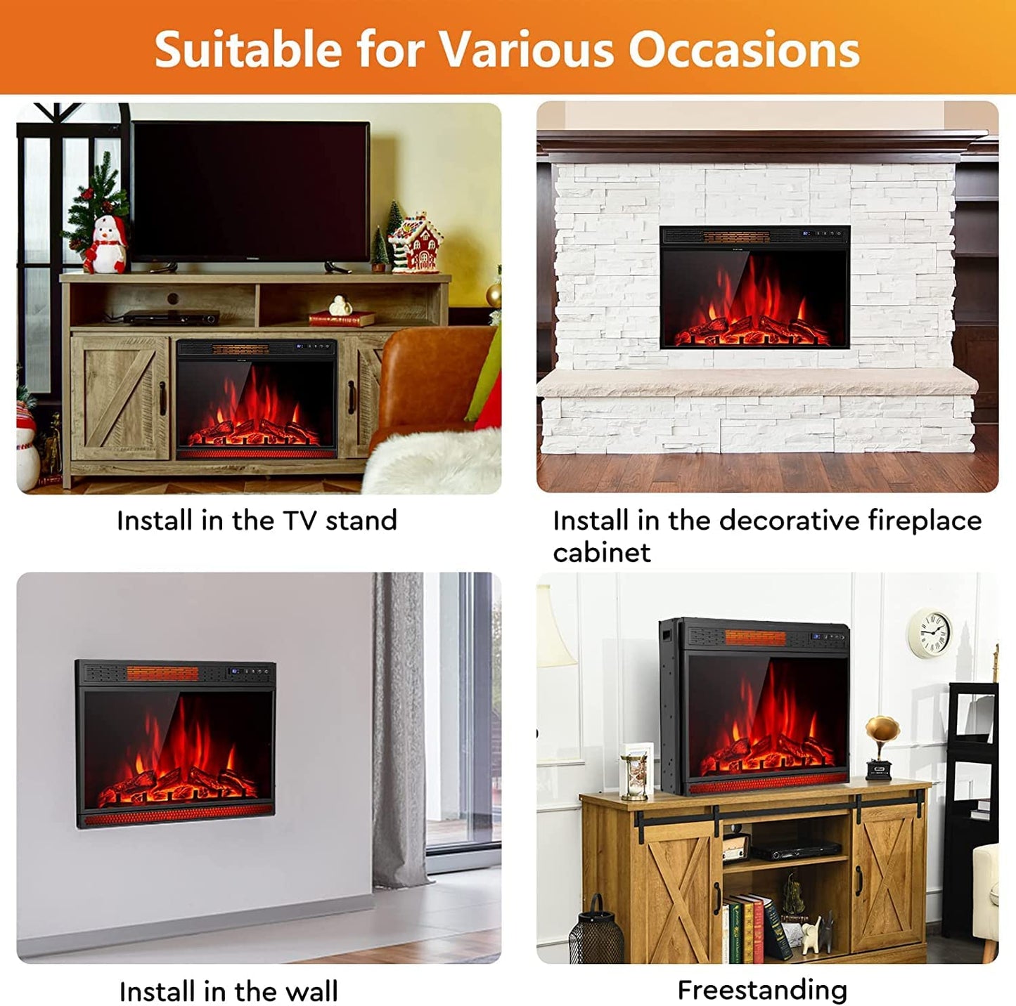 ARLIME 25 Inch Electric Fireplace Inserts in-Wall Recessed and Freestanding Fireplace Heater