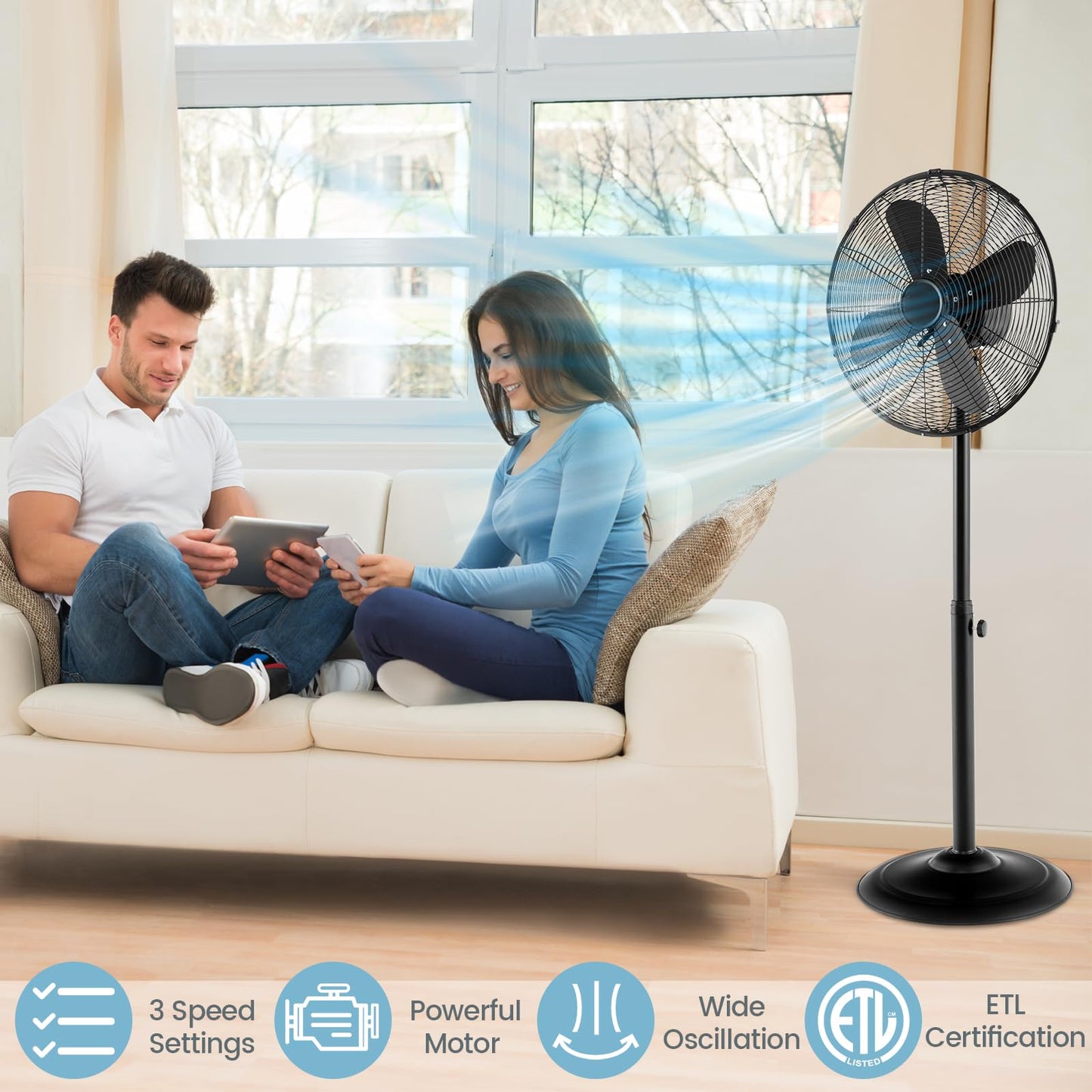 ARLIME Pedestal Fan, 16 Inch Oscillating Fan w/ 3 Speeds & Adjustable Height, 75° Oscillation & 20° Tilt