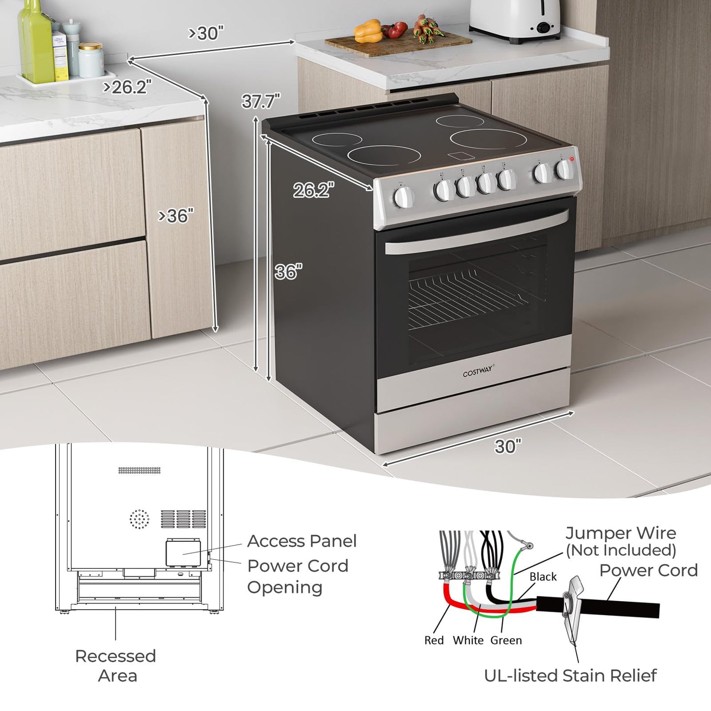 30 Inch Freestanding & Slide in Kitchen Stove with 4 Burners Ceramic Cooktop