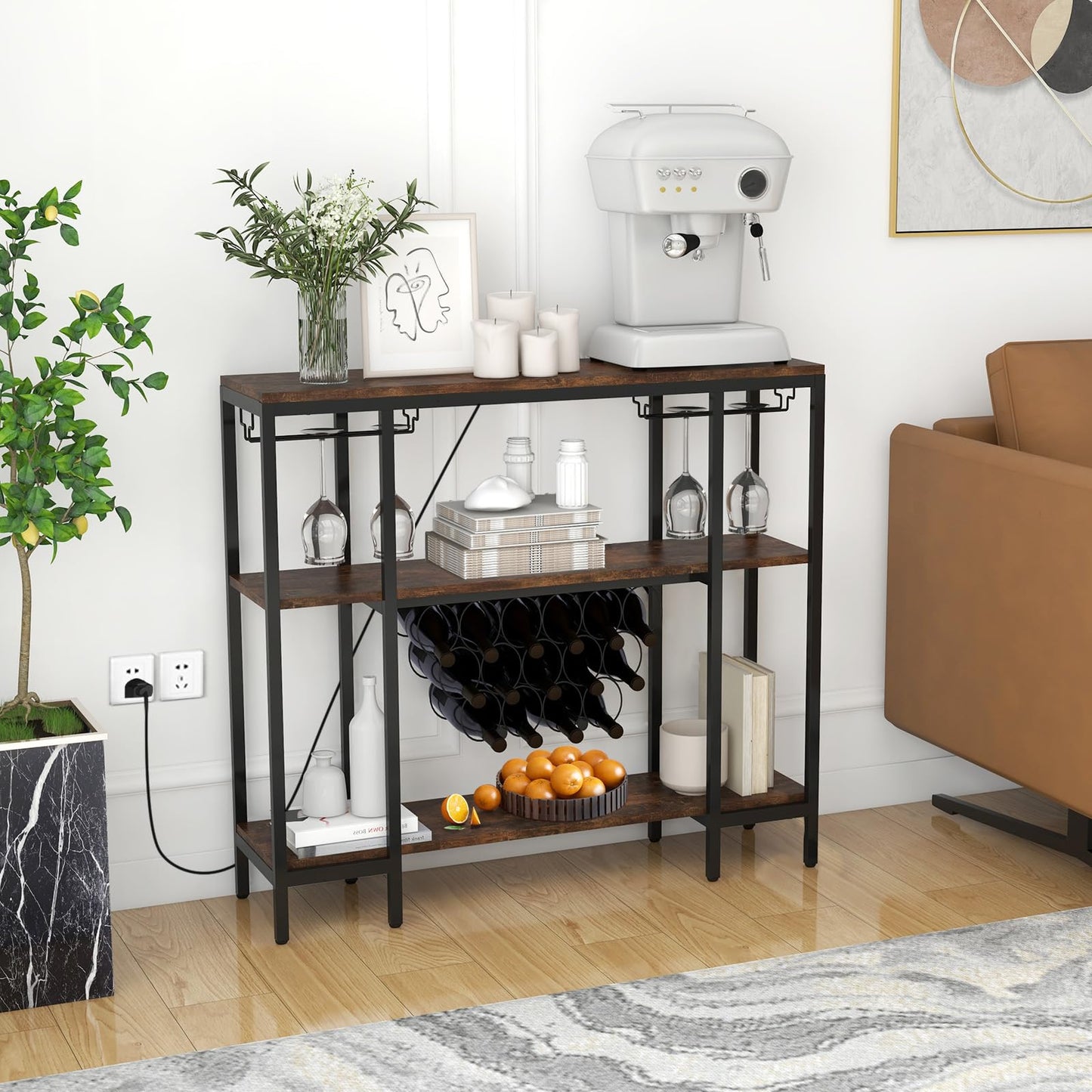 Wine Bar Cabinet 3-Tier Home Mini Bar for Liquor w/Power Outlets