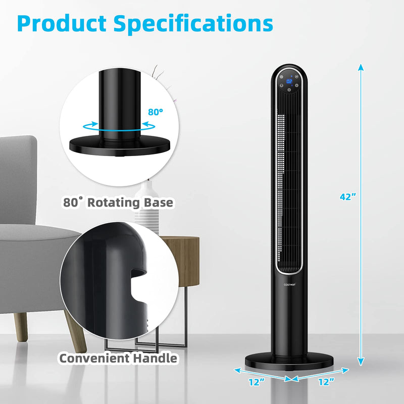 Tower Fan, 42-Inch Portable 80 Degrees Oscillating Fan with Remote, 3 Wind Modes, Smart Control Panel