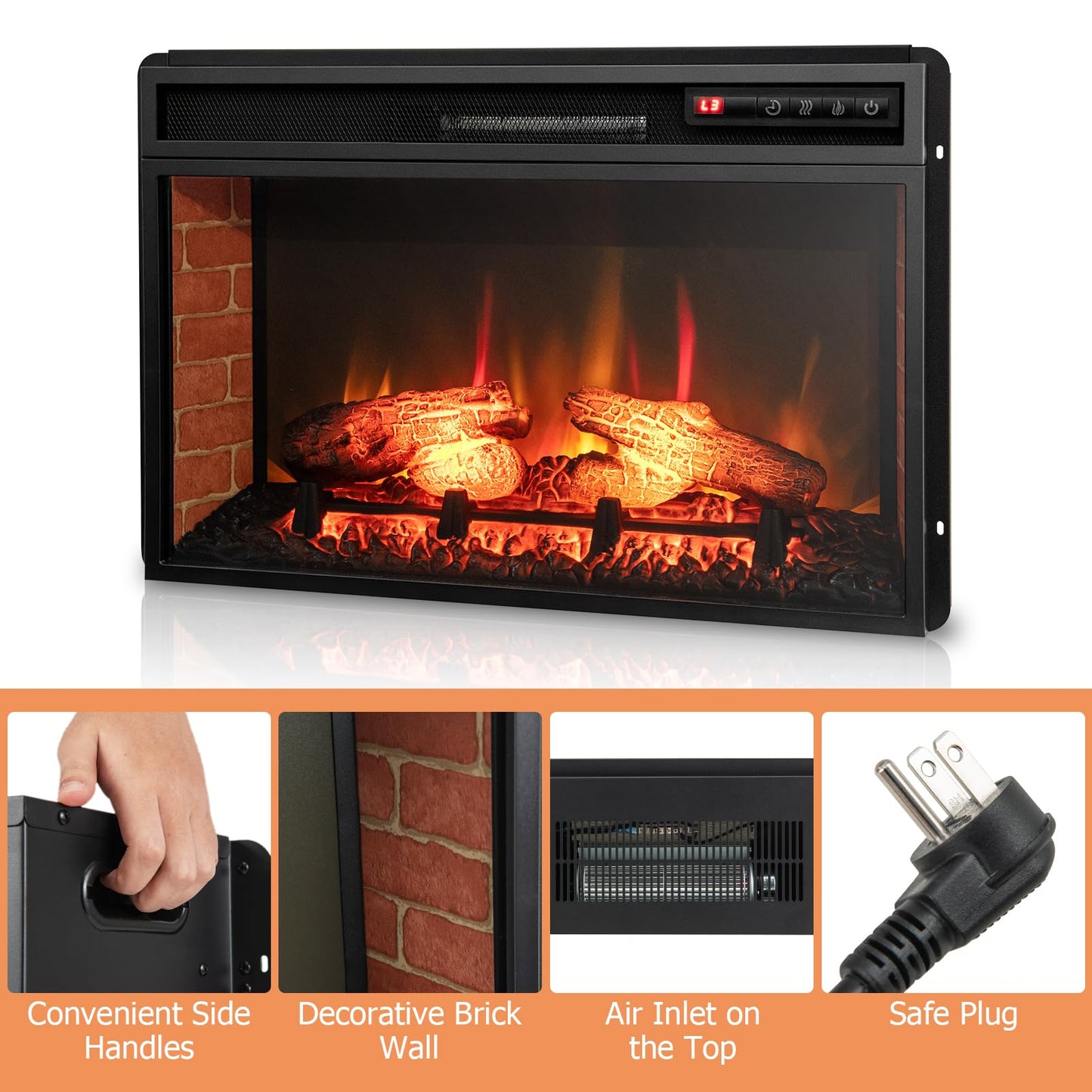 Electric Fireplace Insert 26-inch Wide 1400W Recessed and Freestanding Fireplace Heater with Remote Control
