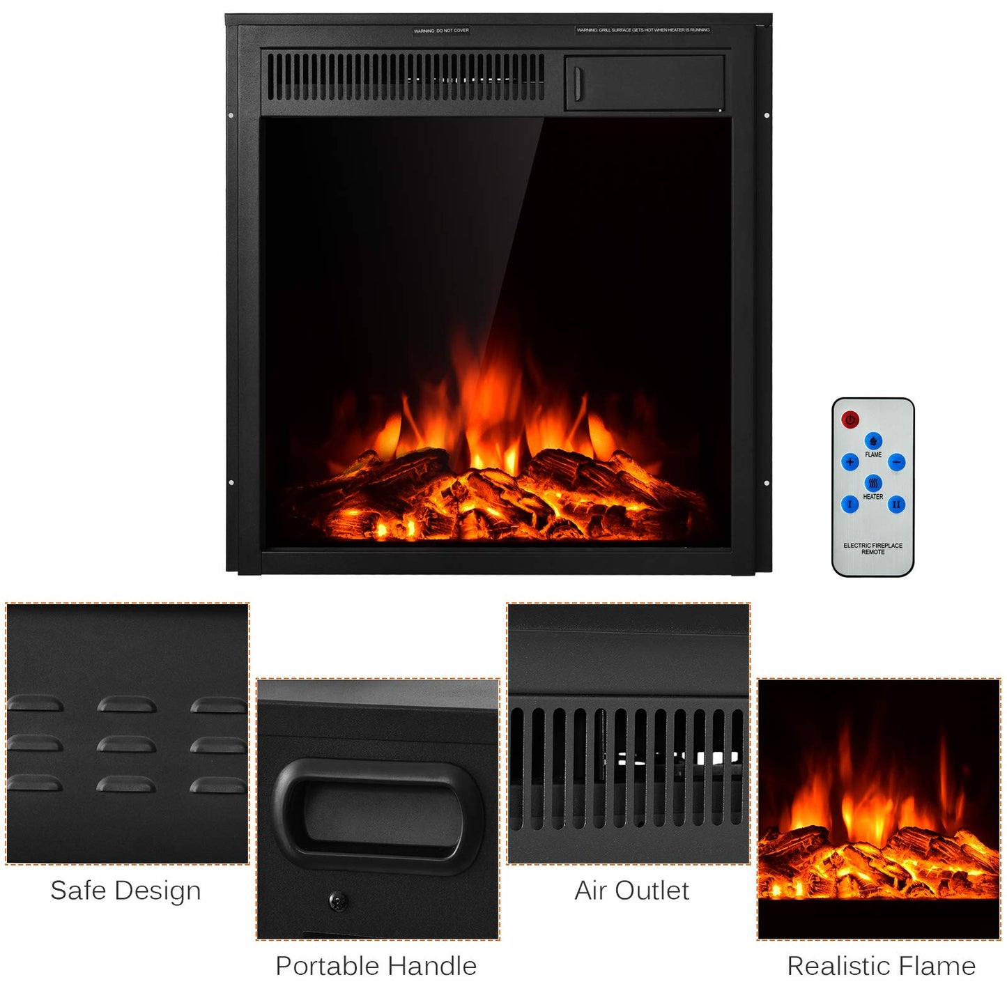 22.5 Inch Electric Fireplace Insert, Freestanding & Recessed Electric Fireplace Heater with Remote Control
