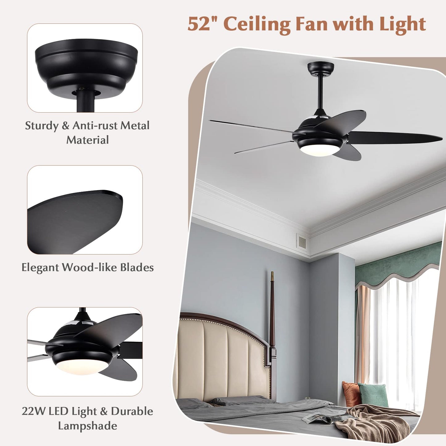 52 Inch Ceiling Fan with Lights, Indoor Modern LED Ceiling Fan, Remote Control