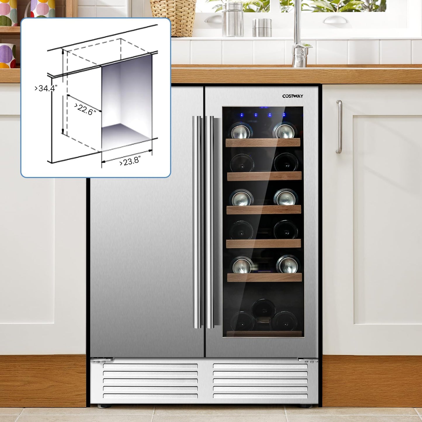 Wine and Beverage Refrigerator, 24 Inch Dual Zone Under Counter Wine Beverage Cooler with Lock