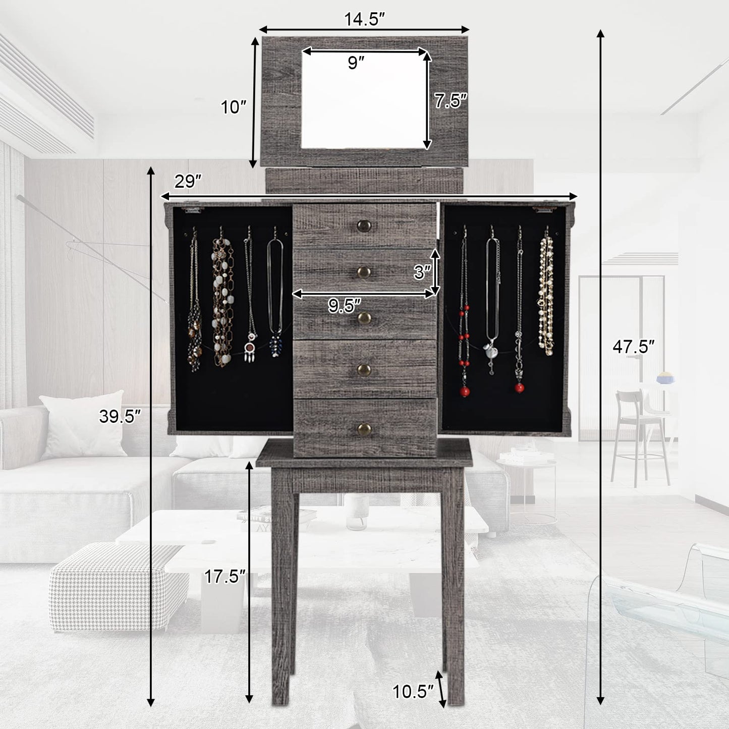 Wooden Jewelry Storage Chest with 5 Drawers for Women