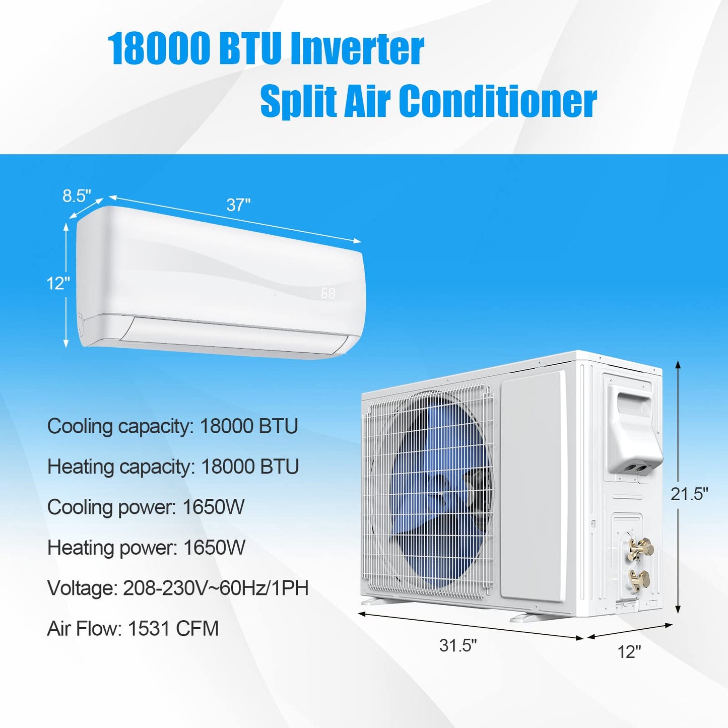 Mini Split Ac/Heating System - 18000BTU Mini Split Air Conditioner w/Heat Pump, 19 SEER2 208-230V Inverter Split AC Unit