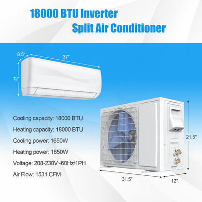 Mini Split Ac/Heating System - 18000BTU Mini Split Air Conditioner w/Heat Pump, 19 SEER2 208-230V Inverter Split AC Unit