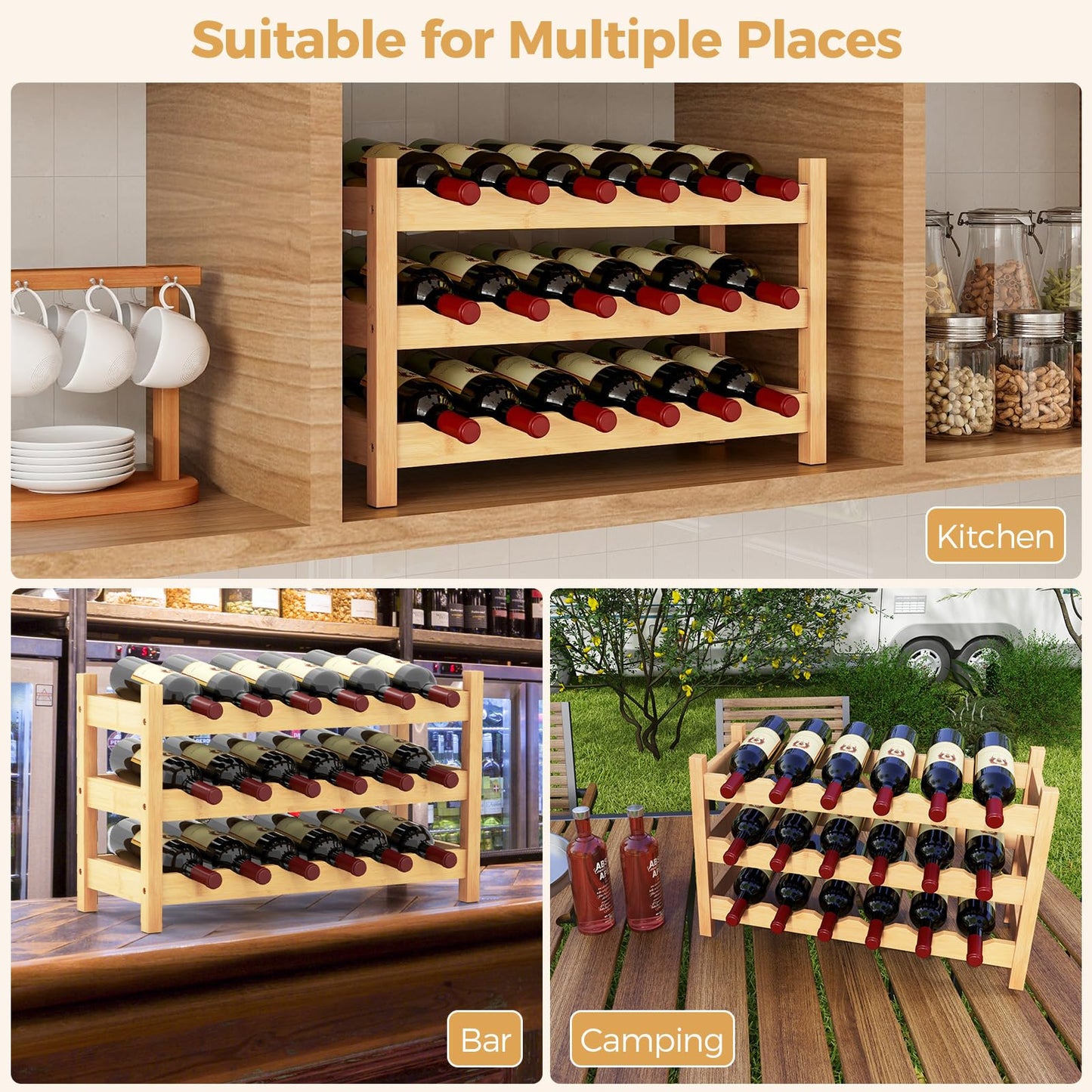 18 Bottle Tabletop Wine Holder with Wave Slot for Kitchen