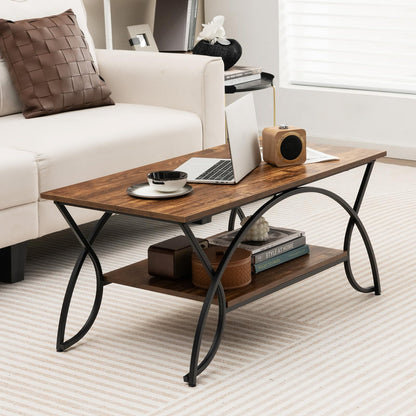 2-Tier Coffee Table Industrial Wood Accent Table with Storage Shelf and Black Finished Metal Frame