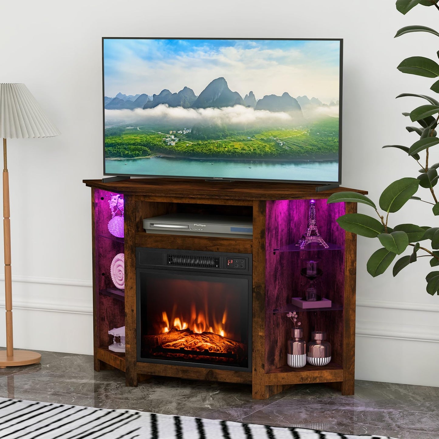 Corner Fireplace TV Stand with LED Lights for TVs up to 50”, Modern Entertainment Center with Electric Fireplace