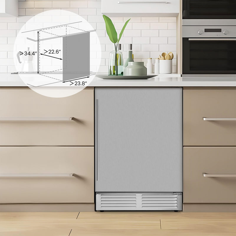 24 Inch Beverage Fridge, 190 Cans Under Counter Drink Fridge w/Stainless Steel Door & Removable Shelves