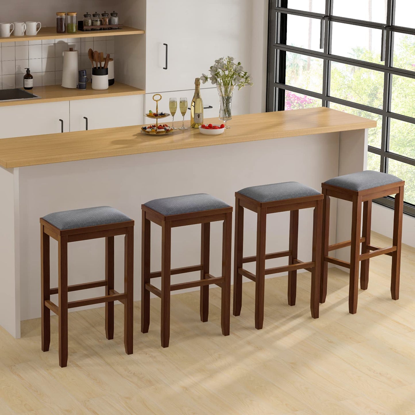 2/4 Pieces 31 Inch Upholstered Bar Stool Set with Solid Rubber Wood Frame and Footres