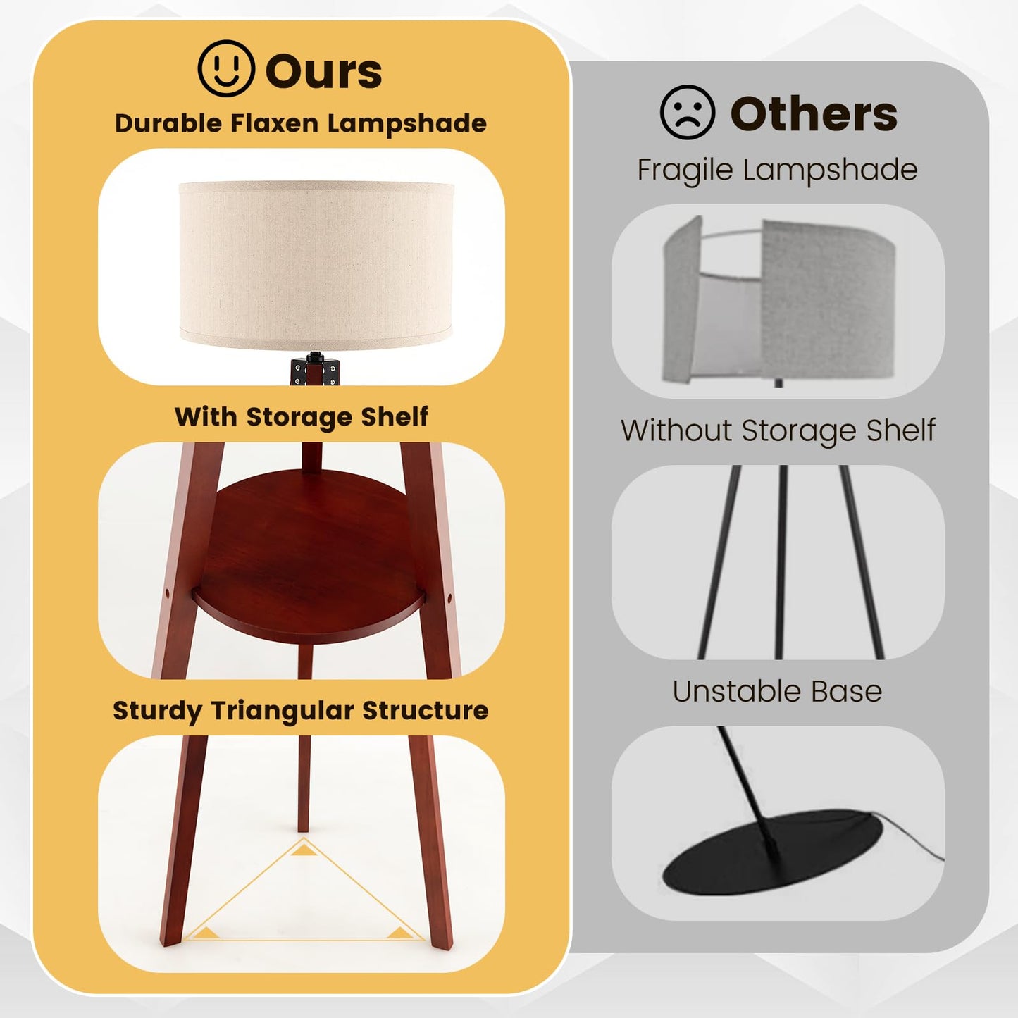 ARLIME Tripod Floor Lamp, Mid Century Wood Standing Lamp with Storage Shelves