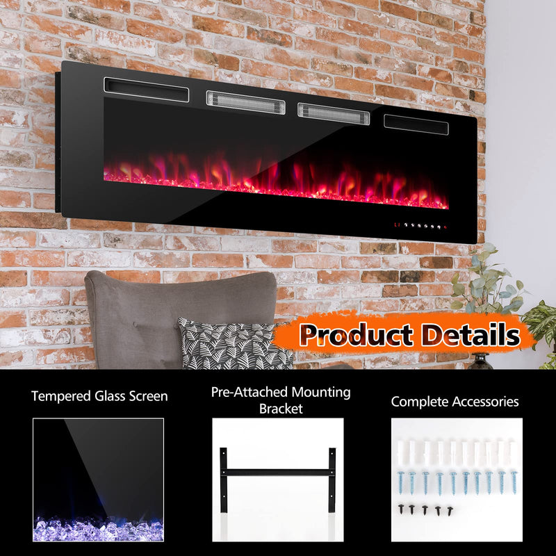 60-Inch Wide Electric Fireplace, 3.19-Inch Deep Ultra-Thin Wall-Mounted and Recessed Fireplace Heater